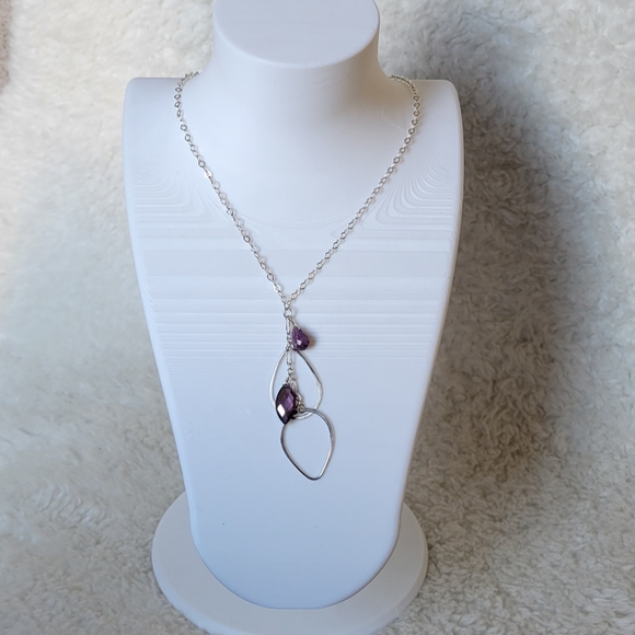 ITALY Sterling Silver Necklace Drop Pendant with Gemstones Amethyst 16.5" - Picture 2 of 8